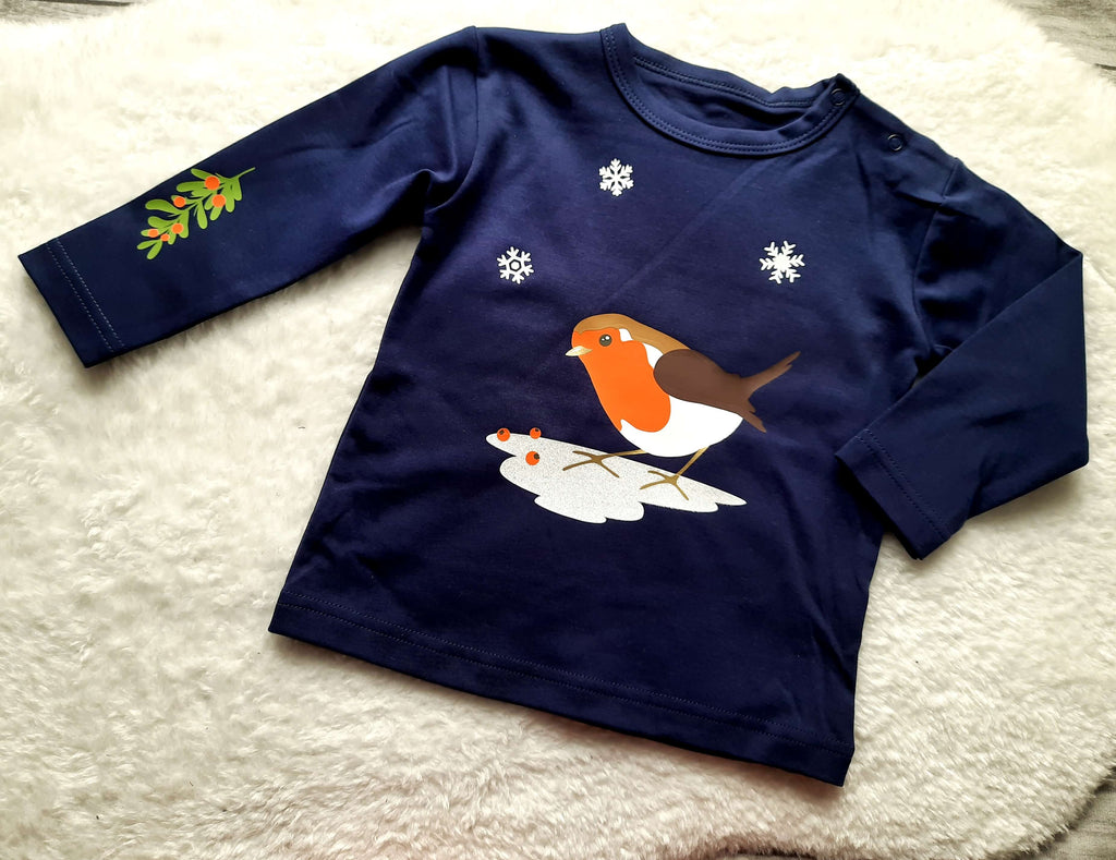 Weihnachtsshirt Baby mit Name, Motiv Rotkehlchen orange, lange Ärmel