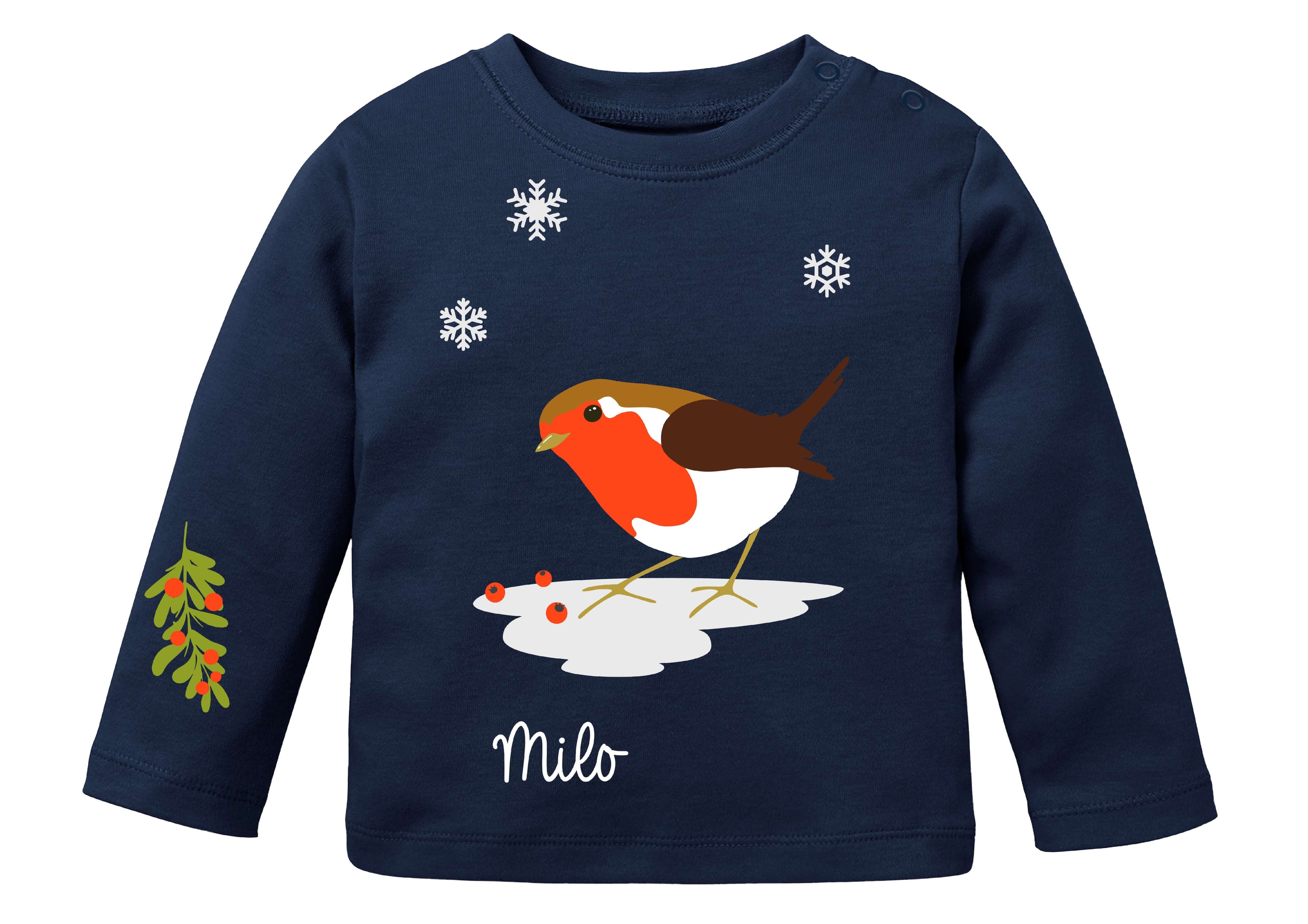 dunkelblaues Babyshirt mit winterlichem Rotkehlchen bedruckt, lange Ärmel und Druckknöpfe