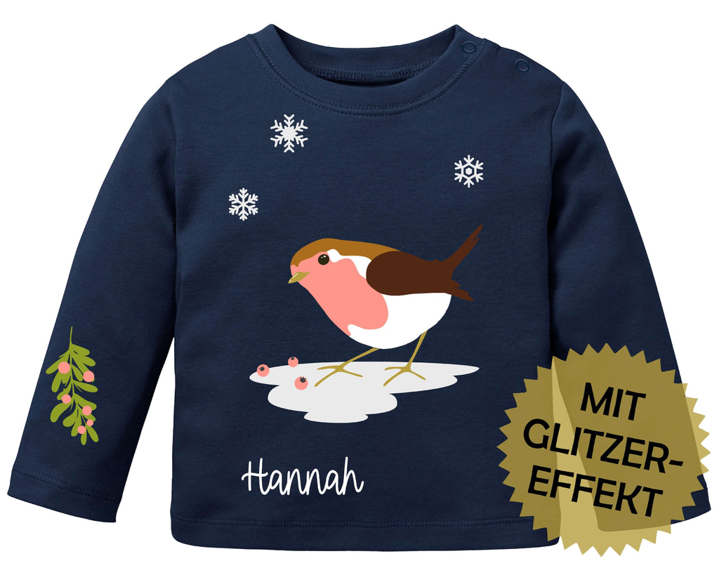 Babyshirt mit Name Rotkehlchen rosa und Gltitereffekt, lange Ärmel