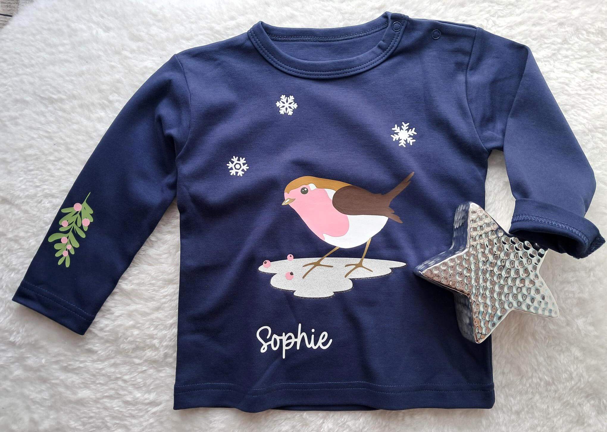 weihnachtliches Babyshirt mit Glitter und Name Rotkehlchen rosa, lange Ärmel